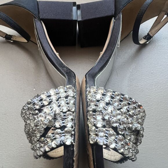 Badgley Mischka Black Fabric w/ Crystal Embellishments & Block Heel Sandals US 7 - Picture 16 of 16